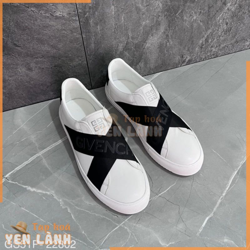 Giày thể thao sneaker nam nữ Gvc da Pu trắng phối quai chéo dù dập chữ logo lưỡi gà đế cao su non GS51P