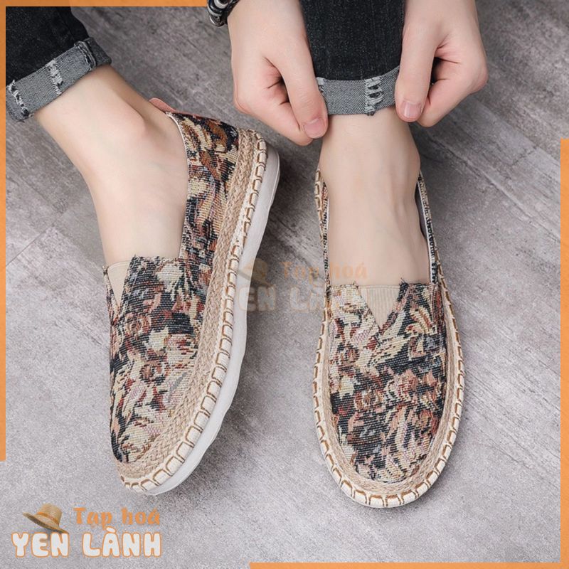 Giày lười slip on nam 2023 – Chất liệu vải bố dệt hoa văn hoa lá thoáng khí, đế cao su viền cói chống trơn – Mã 8925