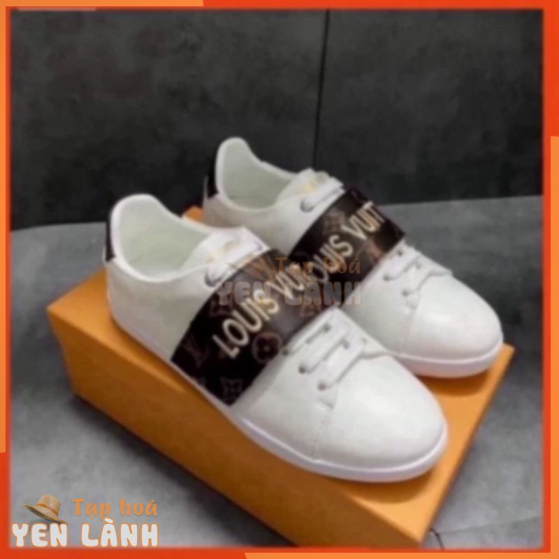 Giày Lười LV Thời Trang Cao Cấp, Giày Thể Thao Sneaker Nam Nữ Phối Quai Da Vân Hoa Nâu