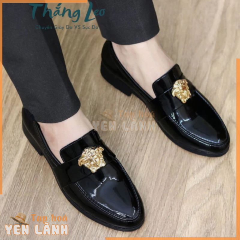 Giày lười nam màu đen da PU hàng Kỹ phối mặt người mạ vàng cực chất giầy dior nam da bóng size 38-43