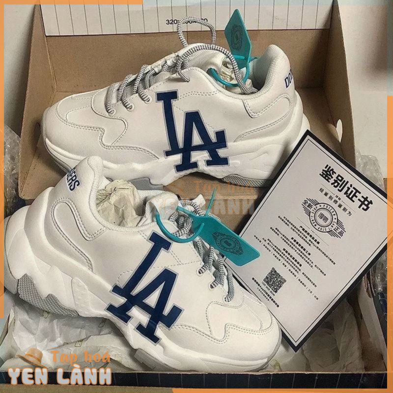 Giày MLB LA chữ xanh rep 1:1 full bill box, Giày Sneaker ulzzang thể thao nam nữ cổ thấp đế độn 4cm tăng chiều cao N55