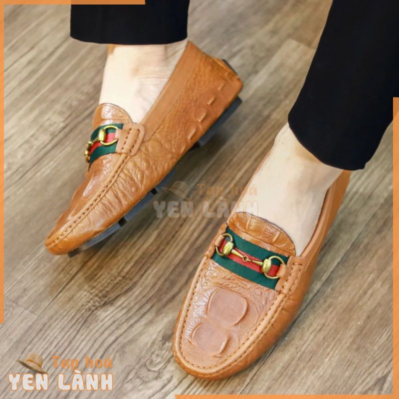 Giày Mọi Nam GUCCI, Giày Moca Nam Chất Liệu Da Bò Mềm Nhập Khẩu Dập Vân Cá Sấu Đế Cao Su Chống Trượt Mã M069 Màu Nâu