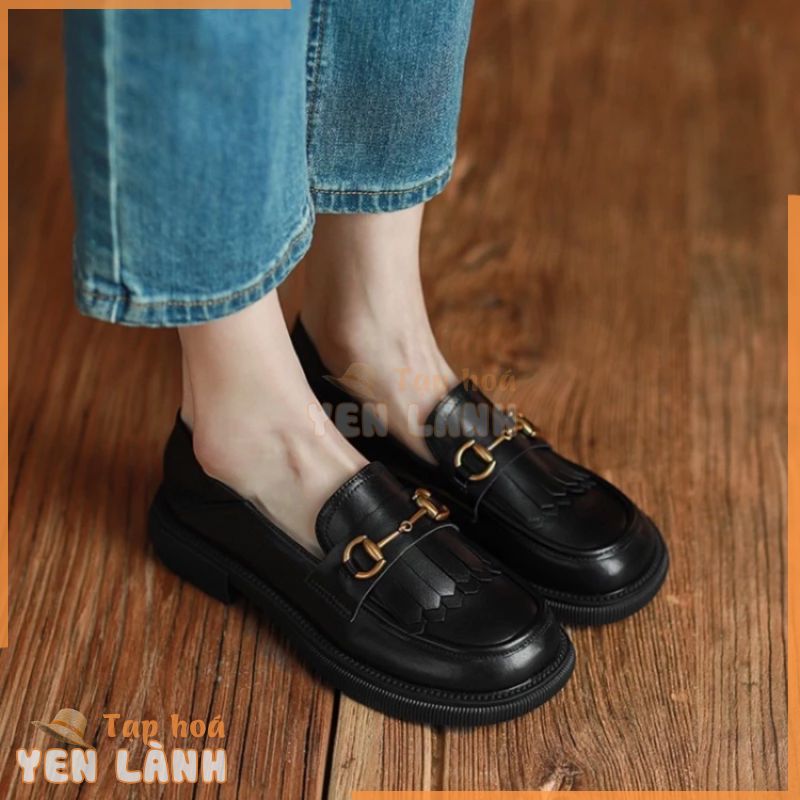 DA MỀM CAO CẤP Giày Moca Loafer nữ Moccasin màu đen trắng kem đế 3cm fullbox Hà Nội Ulzzang đế thấp 3223