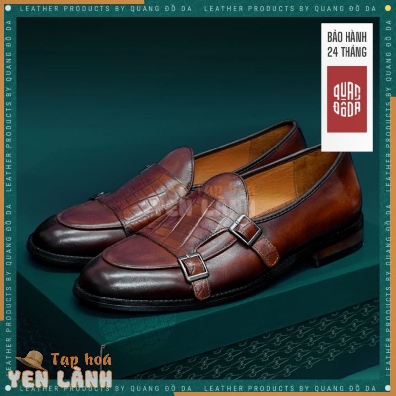 [BH2Năm]Giày lười nam Đế Gỗ Phíp cao cấp da thật, giày double monkstrap patina nâu cánh gián phối đồ sang trọng LFP_04C