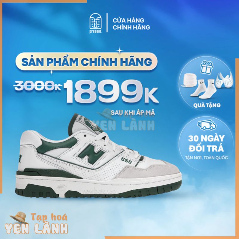 Giày New Balance 550 White Green chính hãng cho nam nữ, NB 550 Xanh Lá real fullbox Present Original Sneakers