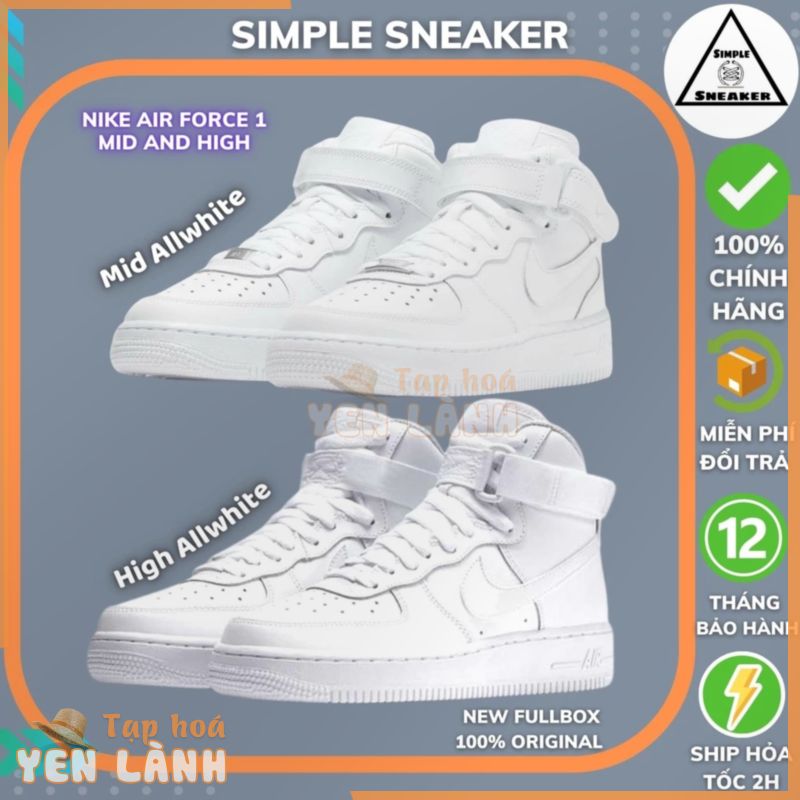 Giày Nike AF1 Mid Chính Hãng  FREESHIP Giày Sneaker Thể Thao Nike Air Force 1 Mid Allwhite Nam Nữ – Simple Sneaker