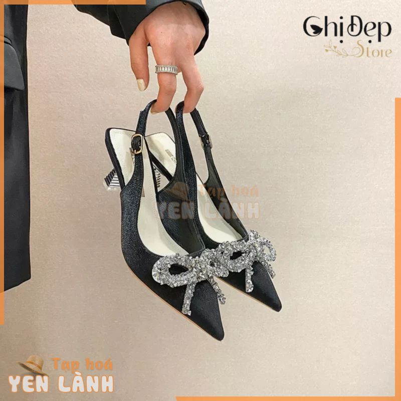 Giày cao gót bít mũi NƠ XƯỚC GÓT THÁP 7cm, Sandal cao gót nữ 7 phân NƠ XƯỚC Chị Đẹp Store mã V7.1