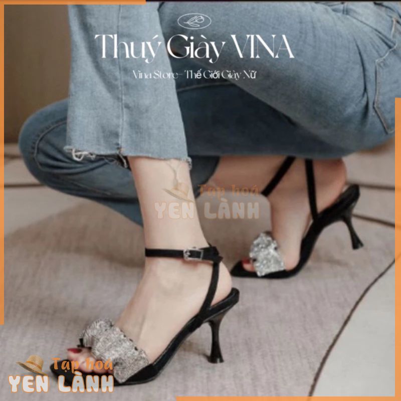 Giày sandal cao gót nữ quai nhún đính đá đế nhọn 7-9 phân hot 2024 THÚY GIÀY VINA STORE mã B44