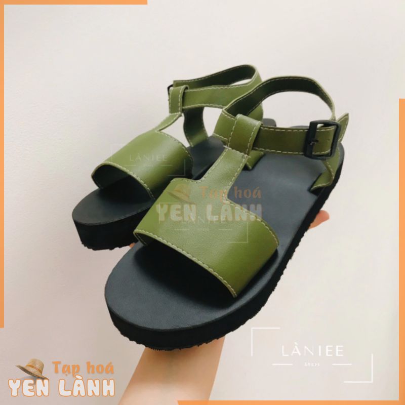 Giày sandal nữ Làniee quai NGANG MÀU XANH RÊU đế đen dày mới lạ xinh xắn – LNT13