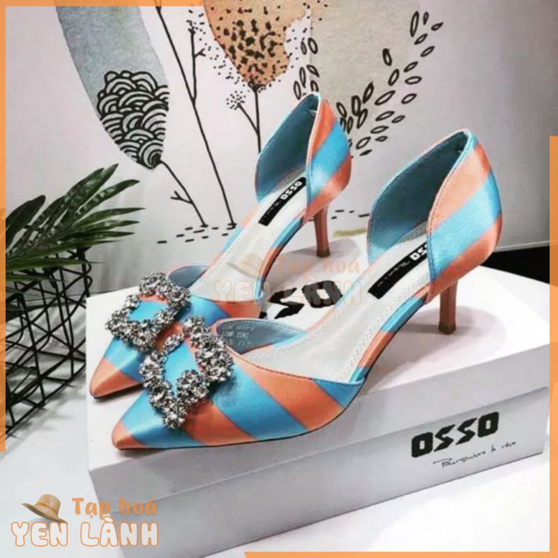 Giày cao gót OSSO chính hãng lụa satin sọc cam xanh tag đá 7cm 36 37 38