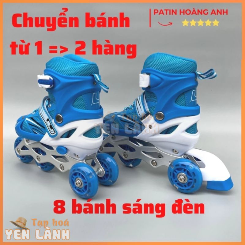 Giày trượt patin trẻ em chuyển bánh từ 1 hàng thành 2 hàng, 8 bánh sáng đèn sport, Giày điều chỉnh tăng giảm được size