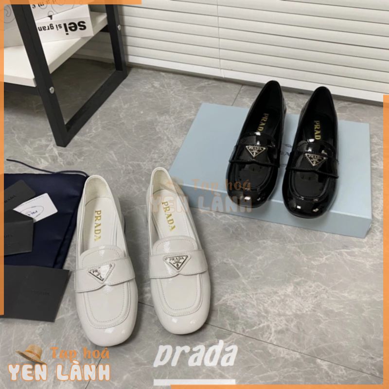 Giày Cao Gót Nữ Prada Chunky Gót Đen / Trắng Nhập Khẩu Hạt Da Thật Chính Hãng Bên Trong Tăng Giày Nữ Thời Trang