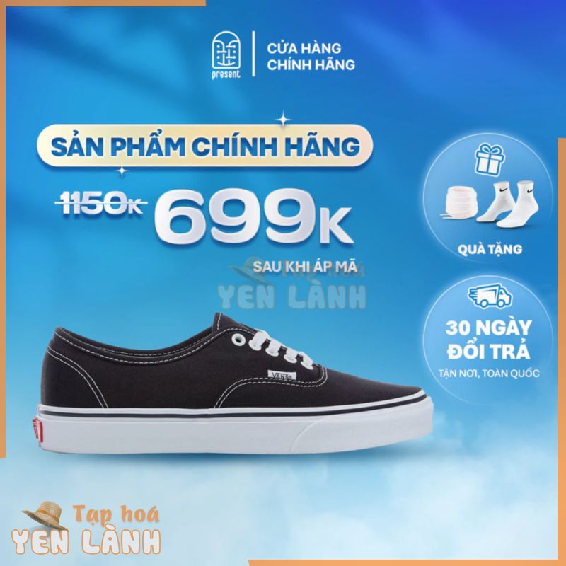 Giày sneaker Vans Authentic chính hãng màu Black White cho nam nữ, Vans real thấp cổ, fullbox Present Original Sneaker