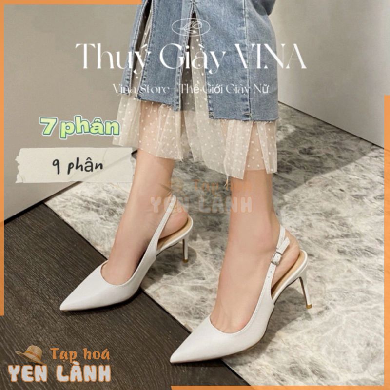 Giày cao gót bít mũi 7-9 phân cho nữ màu trắng đen hở gót,guốc sandal mũi nhọn THÚY GIÀY VINA-mã B18