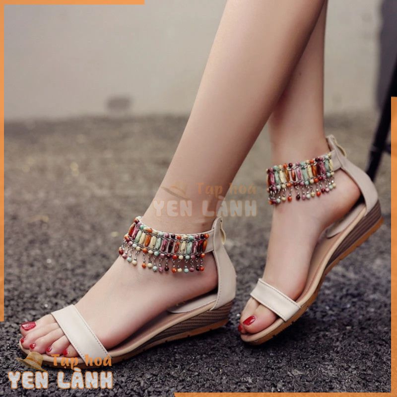 Giày Sandal Đế Xuồng Phẳng Gót Thấp Quai Đính Đá Có Khóa Kéo Sau Lưng Phong Cách Bohemian Thời Trang Mùa Hè Dành Cho Bạn Nữ