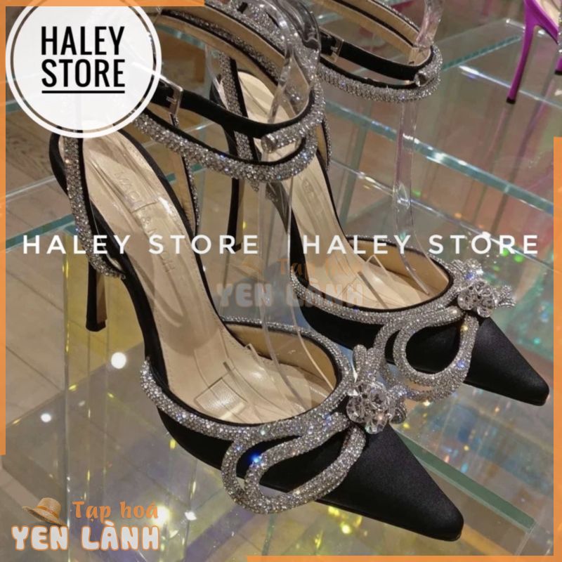 Giày sandal 9cm HALEY STORE bít mũi da lụa đính nơ xoàn đá phale quai trong suốt lấp lánh đi tiệc cô dâu ngày cưới đẹp