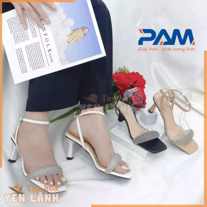 Giày Sandal Cao Gót PAM Giày Việt – Chất Lượng Việt Mũi Vuông Quai Ngang Đính Đá Cao Cấp 7cm – SDCGT121 – Size 35-39