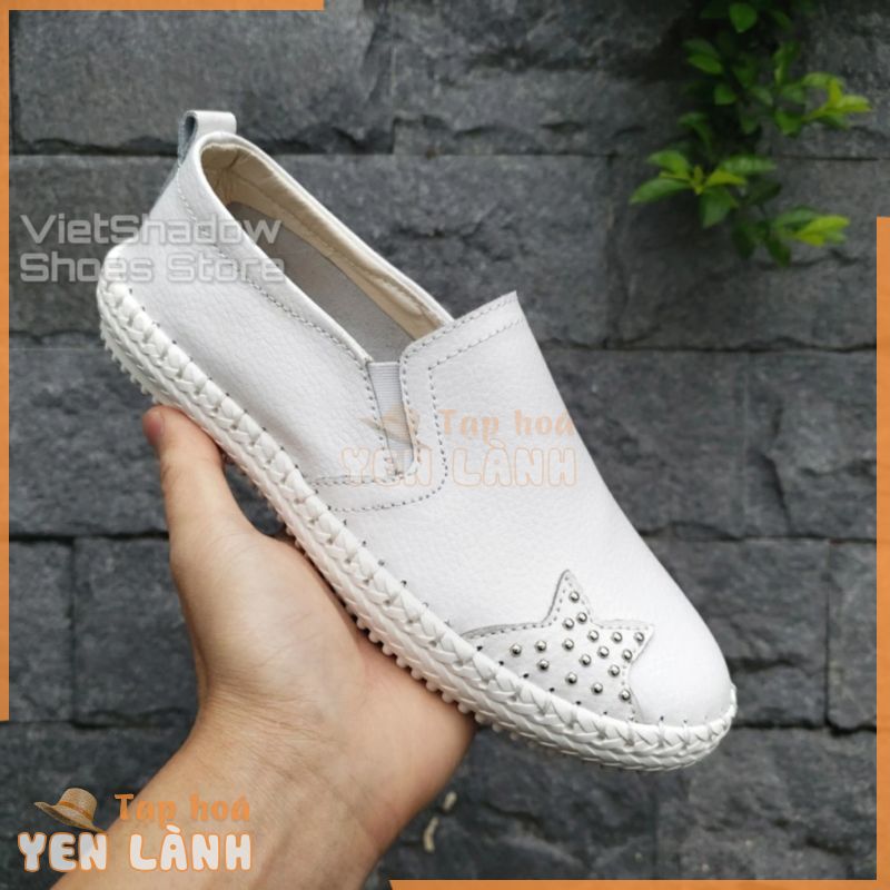 Slip on da nữ – Giày lười da nữ đế khâu trang trí hình ngôi sao đính đá – Chất liệu bò 2 màu đen và trắng – Mã SP 621