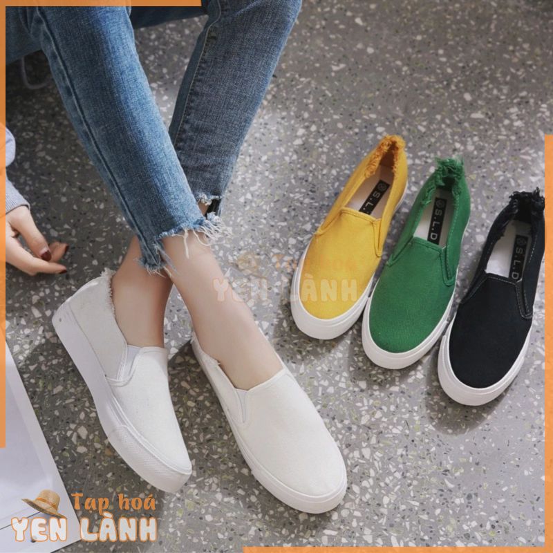 Slip on nữ – Giày lười vải nữ “cổ rách” – Vải thô 4 màu đen, trắng, vàng và xanh lá – Mã SP 8153