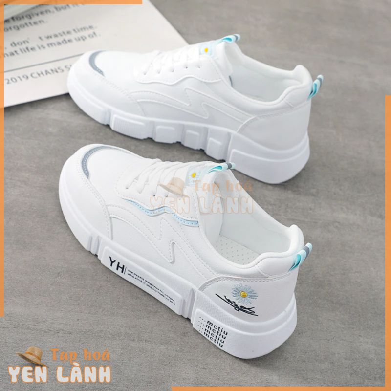 Giày Da Nữ, Giày Sneaker Da Nữ G44 Màu Trắng Đế Cao Thêu Hoa Phong Cách Hàn Quốc Đi Học Đi Chơi A1