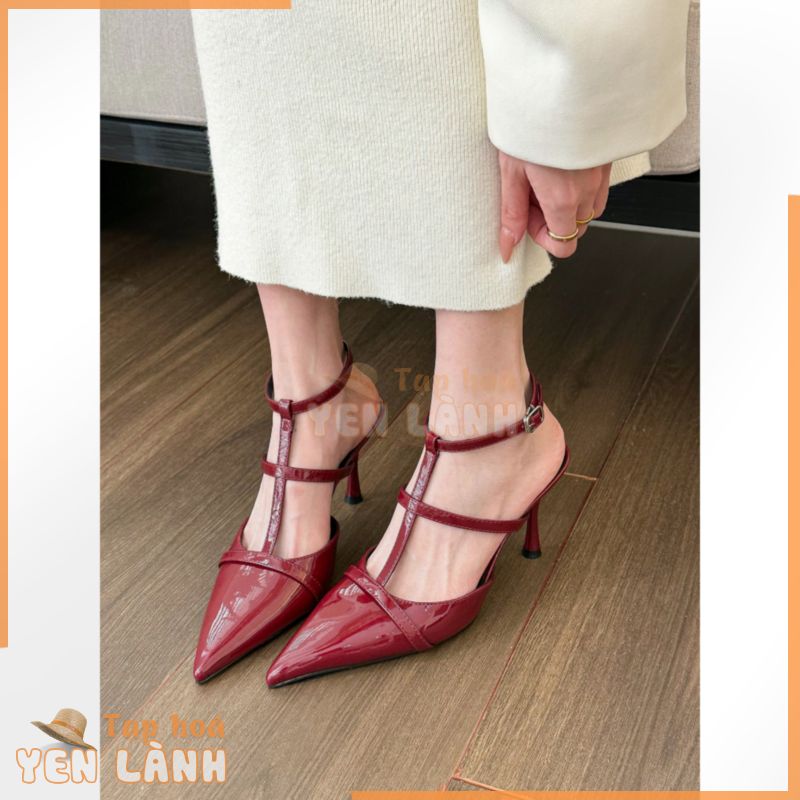 Giày Cao Gót Mũi Nhọn Burgundy Nữ Mới T-strap Lưng Rỗng Dép Thời Trang Giày Cao Gót