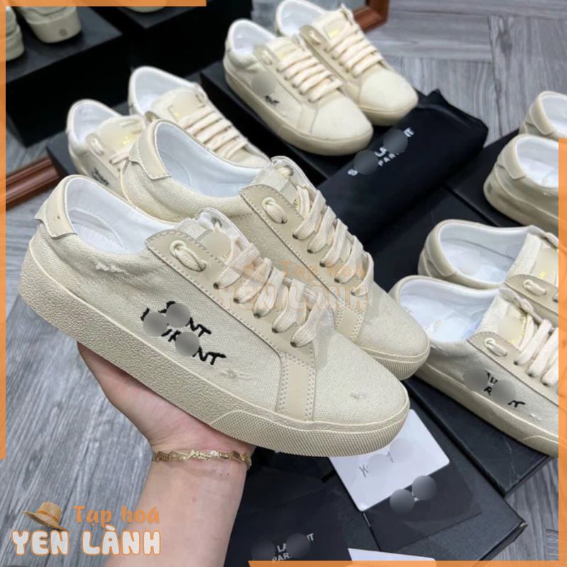 Giày thể thao sneaker nam nữ canvas be sữa vải dệt chữ wash rách phối viền da dập chữ gót đế cao su GS45P