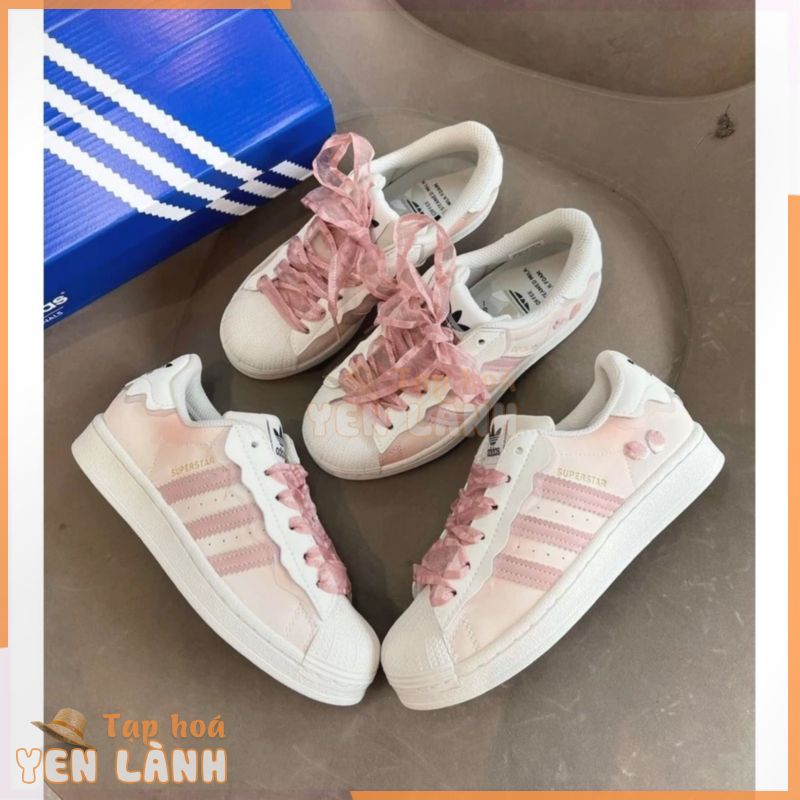 Giày thể thao das sò hồng sc mẫu mới 2023 full box, Giày sneaker superstar hồng kem thêu hoa cao cấp G285