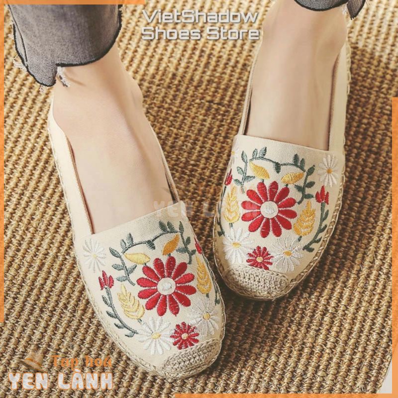 Slip on cói nữ – Giày lười vải thêu hoa – Chất liệu vải bố 4 màu (be), (đen), (đỏ) và (khaki) – Mã SP X-08