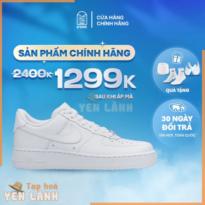 Giày af1 chính hãng, nike air force 1 trắng real fullbox, đổi trả 30 ngày Present Original Sneakers