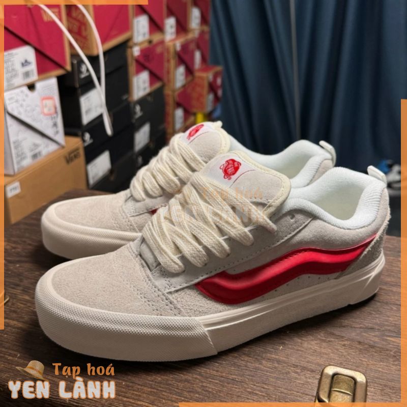 Vans Knu-Skool Giày thể thao thông thường khâu màu đỏ trắng da lộn