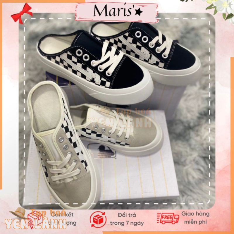 Giày sục thể thao nữ Vans ⚡ CỰC HOT ⚡ Giày đạp gót đế độn 3cm sọc caro thêu phong cách Ulzzang 2 màu đen-trắng hotrend