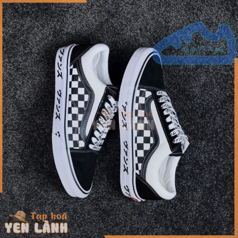 Giày Thể Thao Vans Old Skool Vải canvas Cổ Thấp Họa Tiết Sọc Caro Trắng Đen Phong Cách Nhật Bản