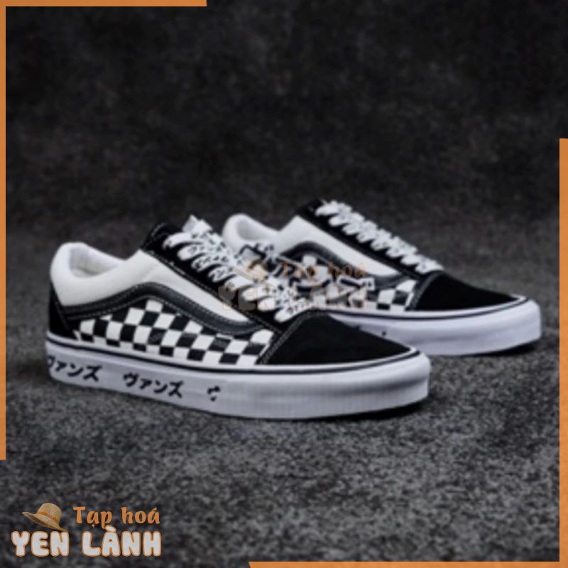 Vans Old Skool Giày ca rô đen trắng Nhật Bản đế thấp vải lưu hóa giày