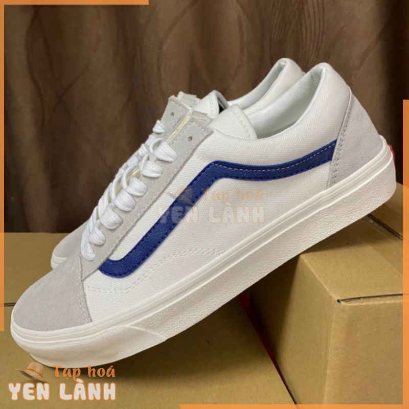 Giày Sneakers Vans Trắng Xám Sọc Xanh Dương Da Lộn R11 Giày Vans Style 36 Siêu Đẹp, Y Hình Tự Chụp