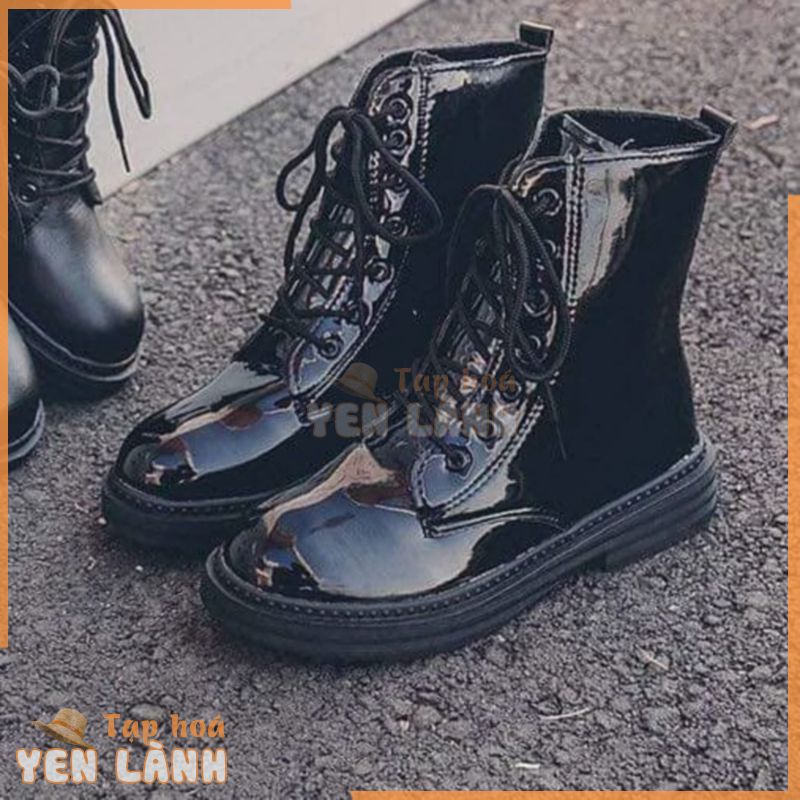 Giày bốt military ZARA xuất xịn cổ cao da bóng màu đen lót lông cột dây 2cm size 37