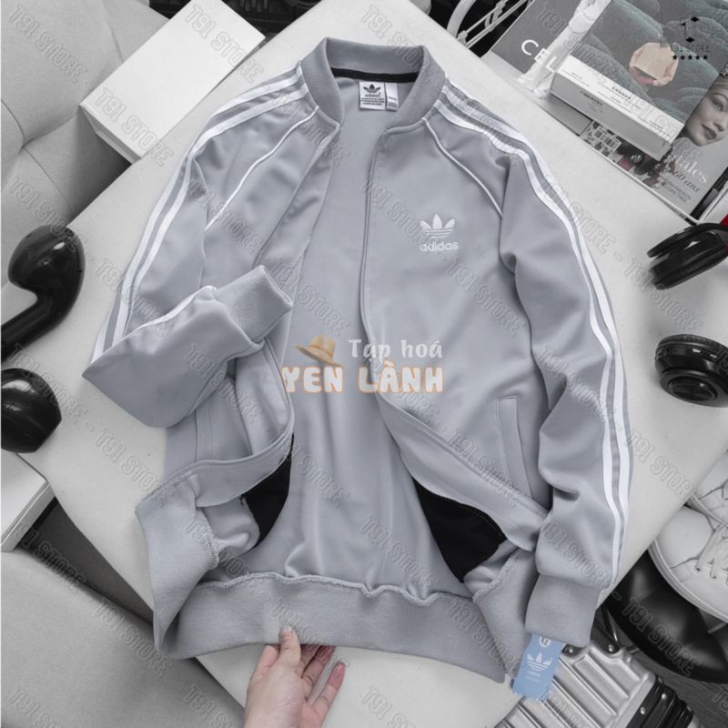 Áo Khoác Adidas Xám Thể Thao Nam Vải Thun Nỉ Dày Co Giãn Khóa Chống Nước Áo Khoác 3 Sọc kẻ Trắng