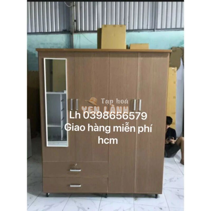 Tủ nhựa đài loan 4 cánh sồi đậm có gương ngoài fs hcm