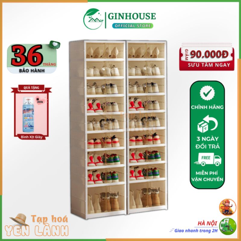 Tủ giày gấp gọn Ginhouse store 36 đôi 9104-8-1G chất liệu nhựa PP cao cấp cửa trong suốt sang trọng, Hộp Giày, Tủ giày