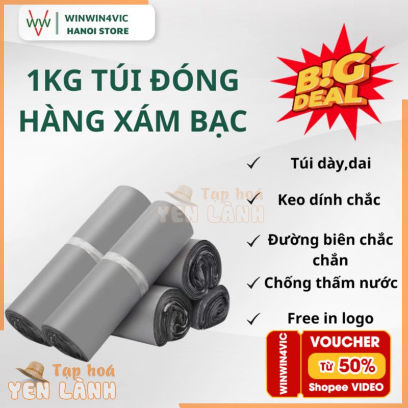 1Kg Túi Màu Xám Bạc, Túi Đóng Hàng Niêm Phong, Túi Đóng Gói Hàng Niêm Phong 3 Lớp WinWin4Vic Dính Sẵn| In Logo Miễn Phí