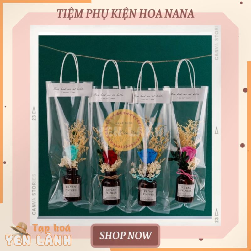 Túi nhựa trong suốt đựng hoa, đựng quà, tiện lợi, quai trắng, viền in chữ, 3 size