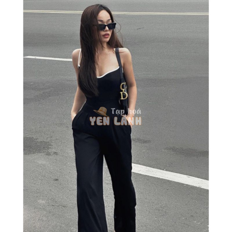 Jumpsuit hai dây viền trắng quần ống rộng