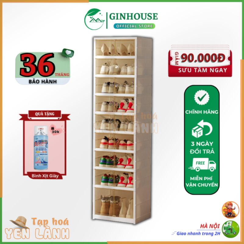 Tủ giày gấp gọn Ginhouse 18 đôi 9102-8-1G chất liệu nhựa PP cao cấp có bánh xe [ BẢO HÀNH 36 THÁNG], Kệ giày thông minh