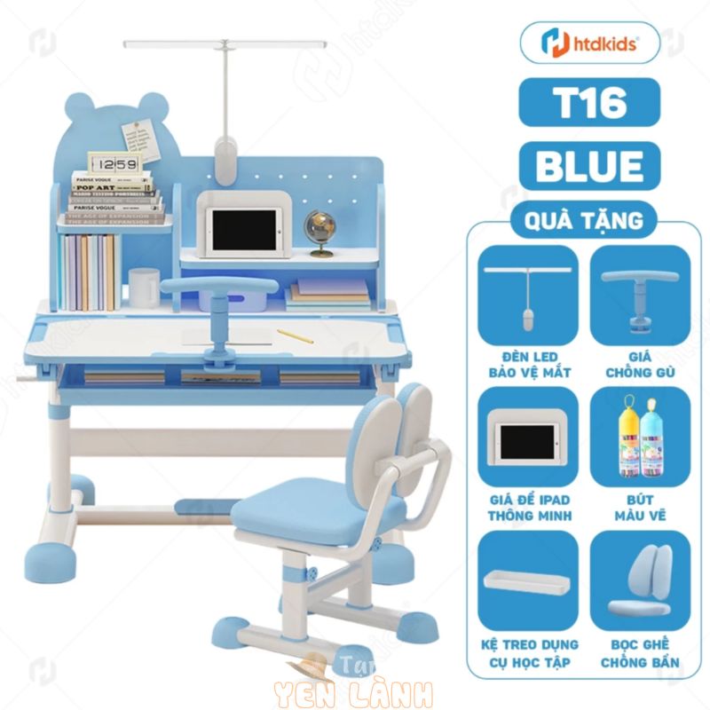 Bộ bàn ghế học sinh tiểu học HTDkids T16 Plus thông minh tăng giảm chiều cao, ghế đệm êm ái và tựa lưng 2 cánh, kệ sách