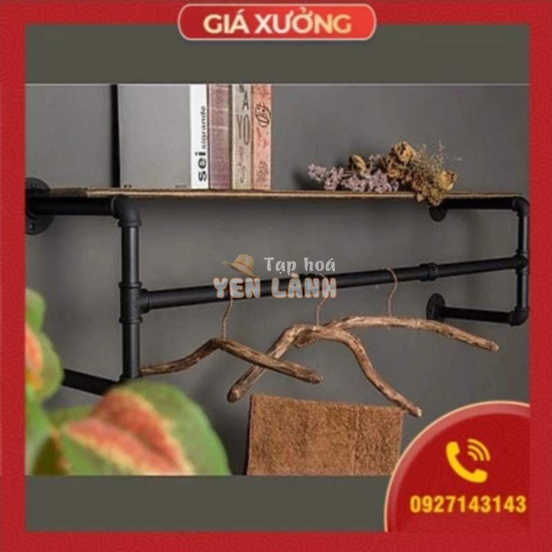 Kệ ống nước Kệ treo gắn tường kiêm giá treo quần áo 20x80x30cm Chất liệu gỗ , ống sắt 3ly cứng cáp trang trí quán