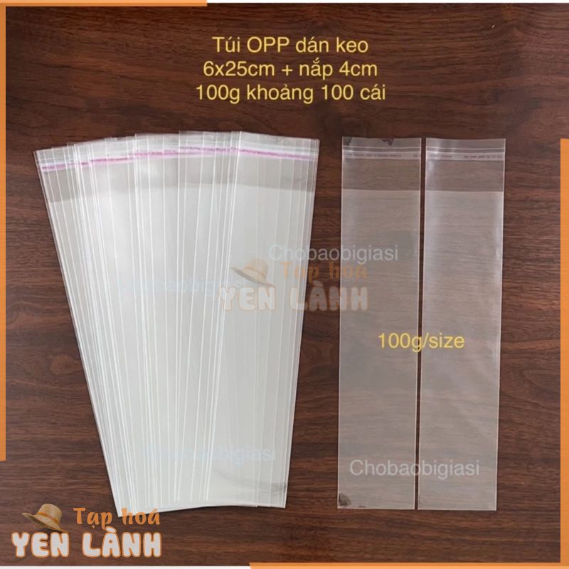 100g Túi Opp dán keo size 6x25cm + nắp 4cm đựng đũa, muỗng, tăm, khăn giấy (sp y hình)