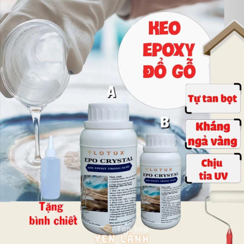 Keo đổ gỗ epoxy trong suốt AB EPO CRYSTAL khối lượng 1kg, keo epoxy đổ mặt bàn kháng ngả vàng, tự tan bọt