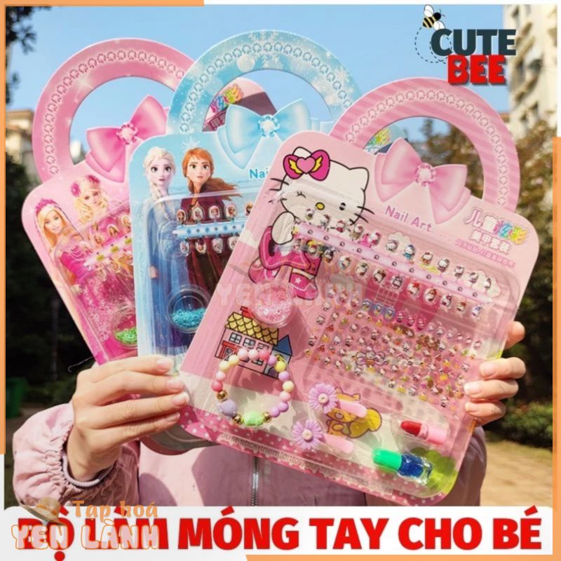 Vỉ đồ chơi làm Nail dán móng tay – Đầy đủ phụ kiện keo dán, son môi, cặp tóc, vòng tay, sticker [Đồ chơi CUTE BEE]