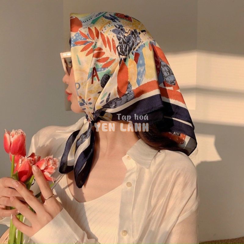 Khăn Bandana 70*70cm- Khăn Turban Lụa Vuông Dùng Khi Mặc Áo Dài,  Quàng Cổ, Áo Yếm, Buộc Tóc, Quấn Túi Dễ Tạo Kiểu