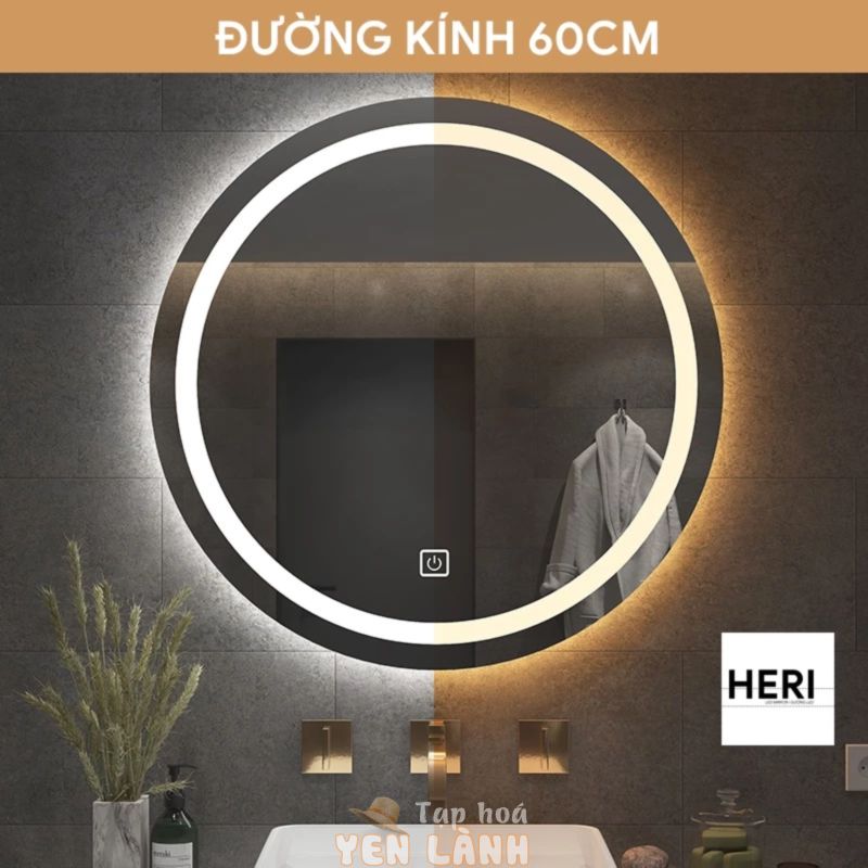 [ĐƯỜNG KÍNH 60CM] Gương Tròn Treo Tường Có Đèn LED, Gương Treo Bàn Trang Điểm, Nhà Tắm, Nút Cảm Ứng  tắt mở, Lắp Dễ