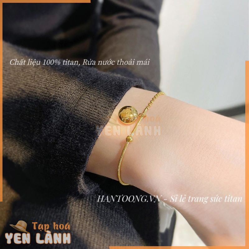 Lắc tay titan không gỉ mạ vàng 18k dạng bi tròn xinh xắn khắc chữ may mắn phong cách ins hàn quốc